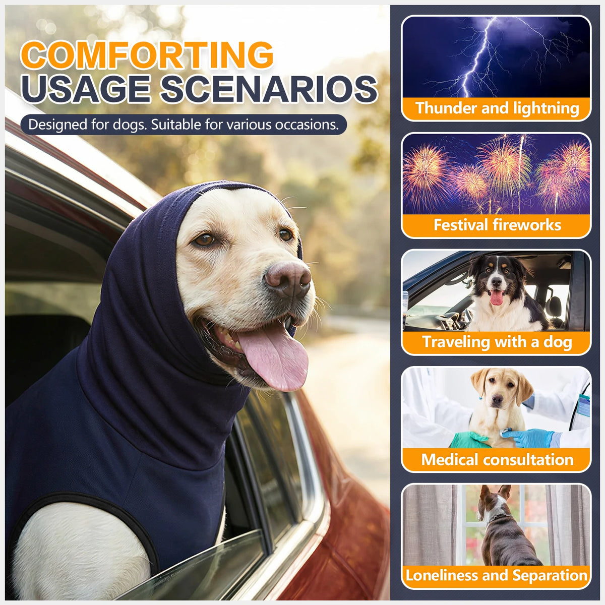A dog wearing a dark blue calming anxiety vest is shown in various usage scenarios like traveling, medical consultation, and 