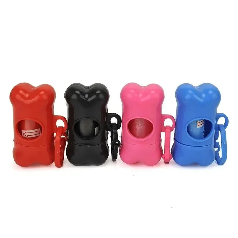A set of four bone-shaped dog waste bag dispensers in red, black, pink, and blue.