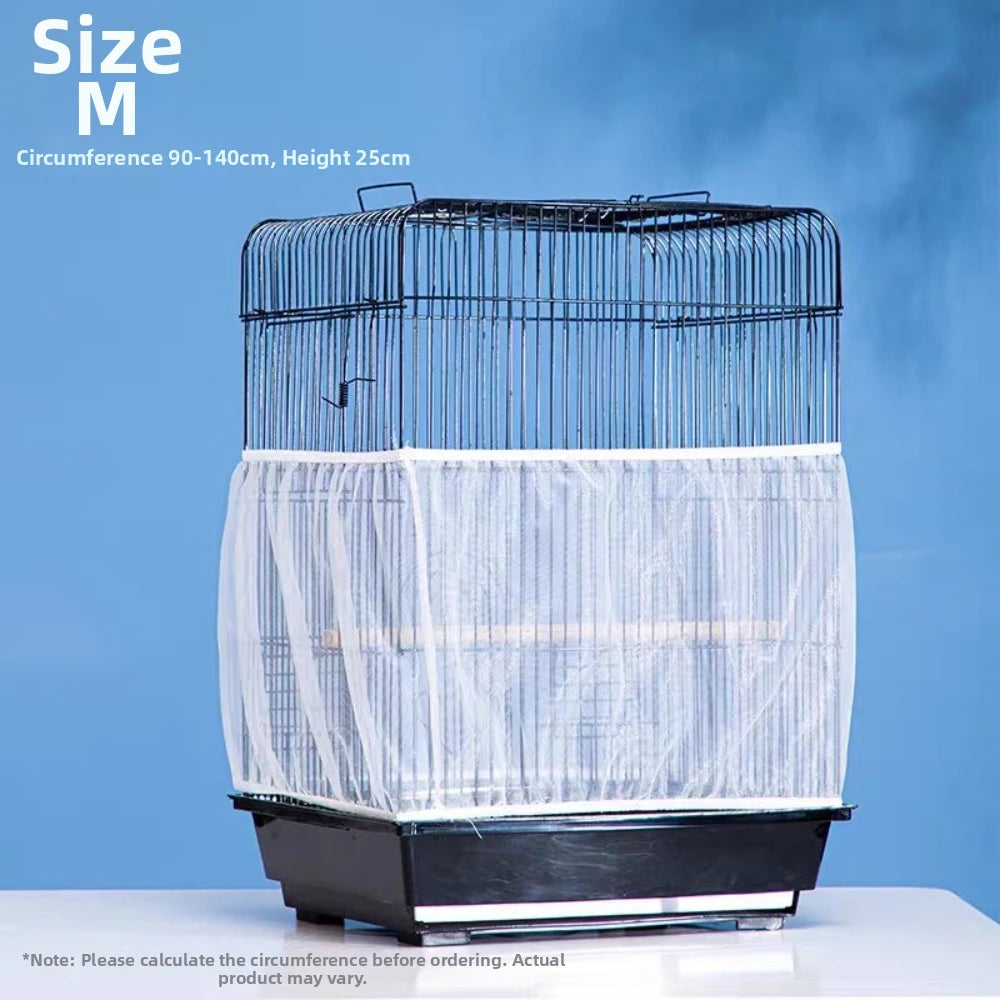 A black bird cage with a clear plastic cover is shown on a white surface.