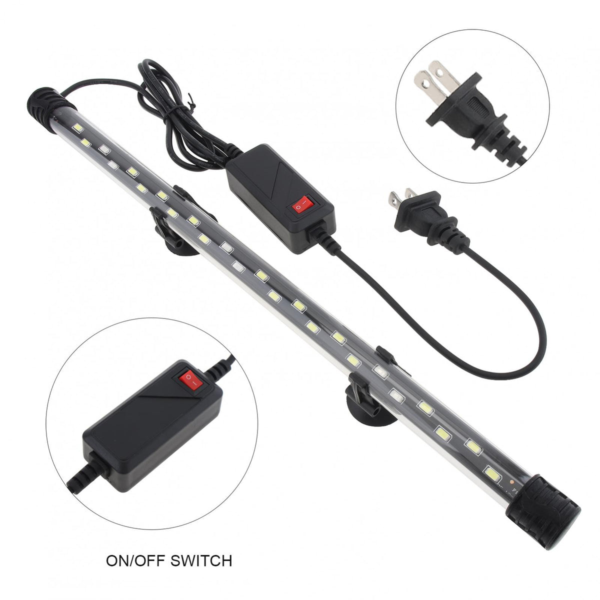 A waterproof LED aquarium light kit showing the light strip, power adapter, and on/off switch components.