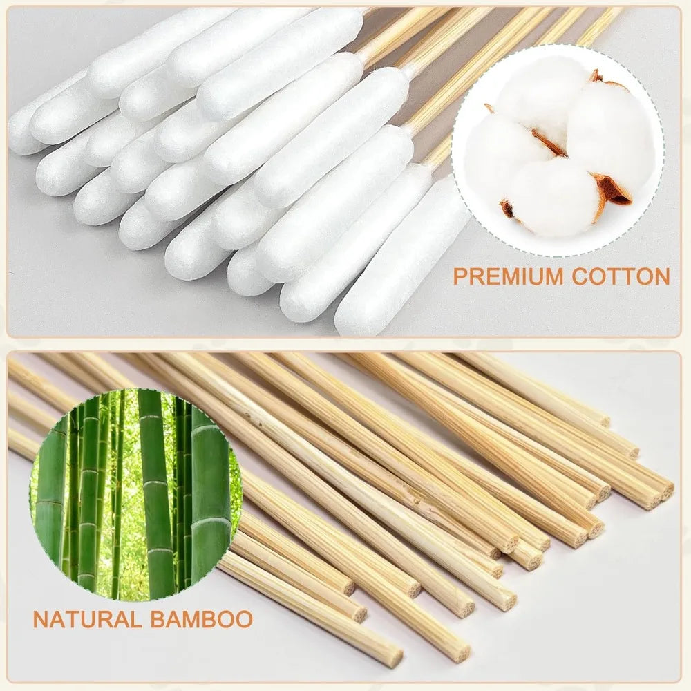 A set of premium cotton swabs and natural bamboo sticks for pet ear cleaning.