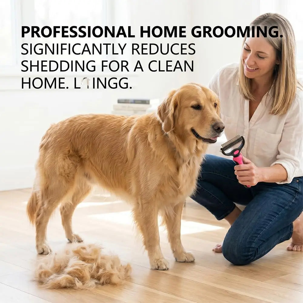 A woman is grooming a golden retriever, demonstrating professional home grooming that reduces shedding.