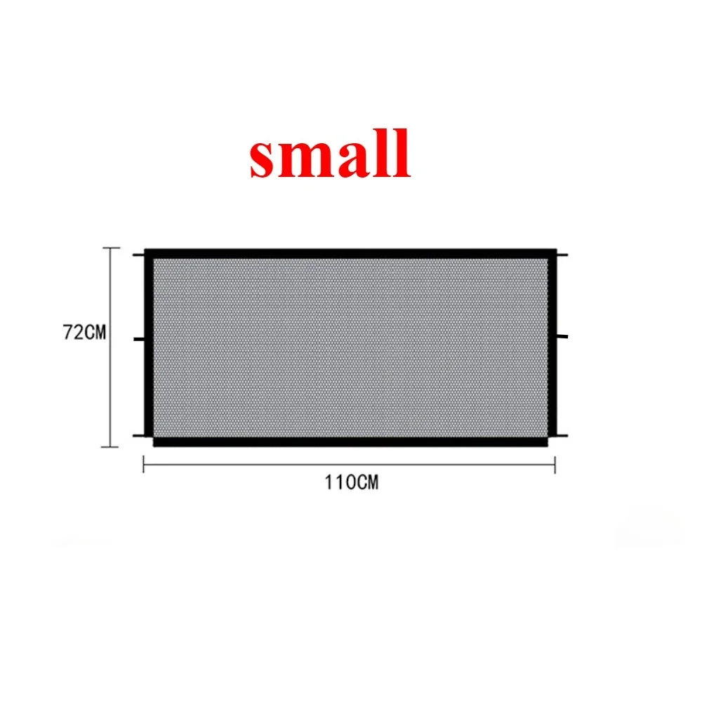 A rectangular pet safety fence measuring 110cm by 72cm with adhesive hooks.