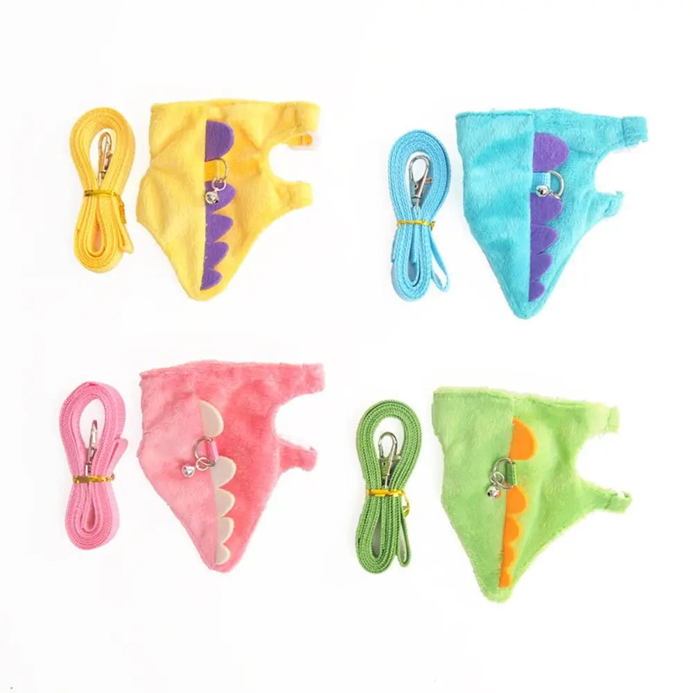 A set of five colorful cartoon animal vest harnesses for pet training, including yellow, blue, purple, pink, and green.