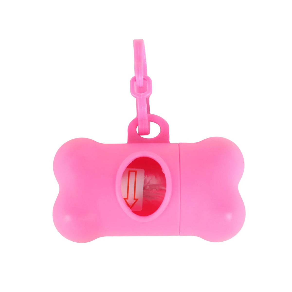 Pink bone-shaped dog waste bag dispenser with a clip for on-the-go cleanup
