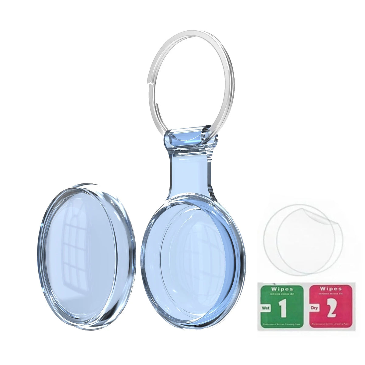 Clear silicone protective cover for an AirTag with a keychain loop and two cleaning wipes
