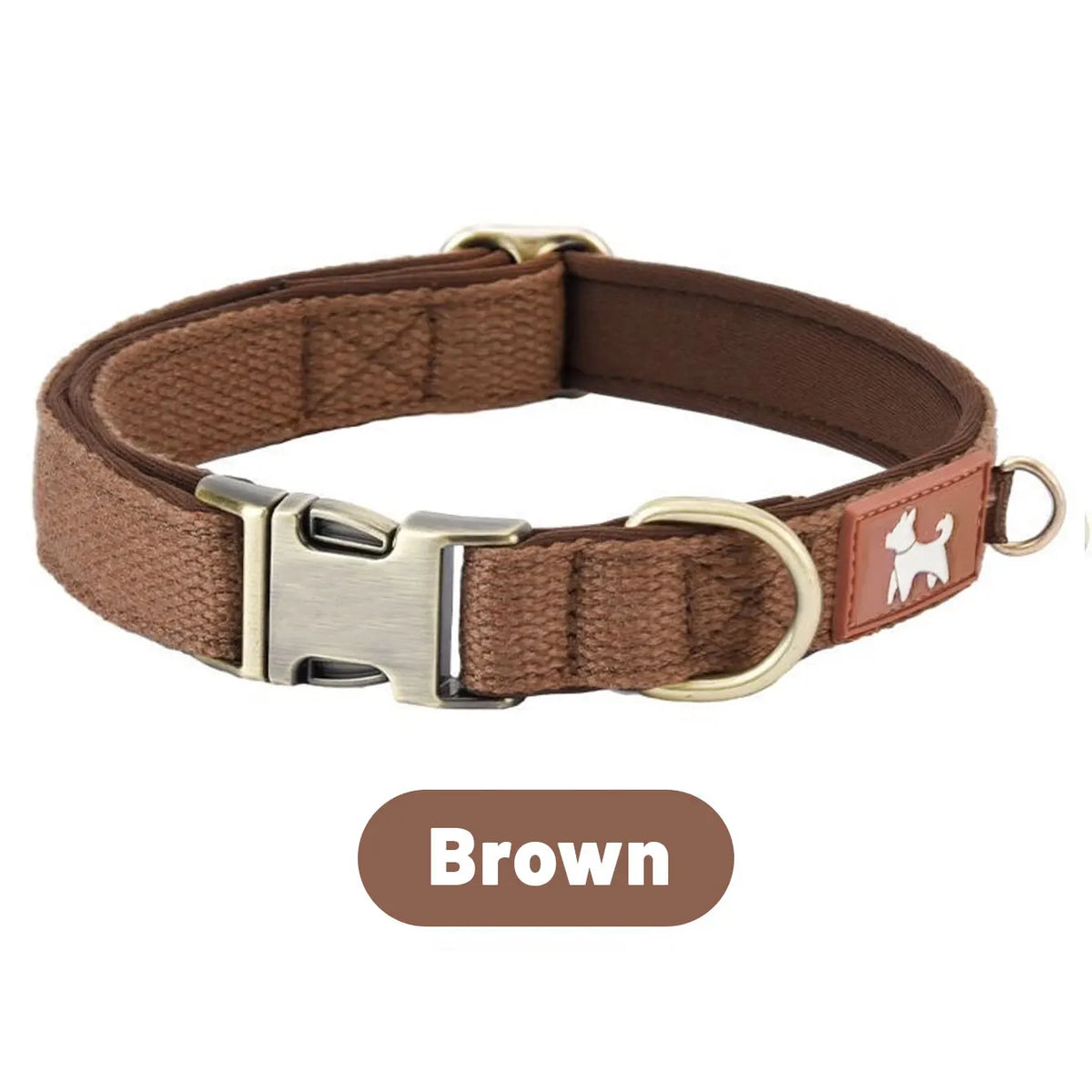 A brown comfort-fit quick release dog collar with a silver buckle and a white silhouette tag.