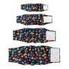 A set of black and multi-colored washable belly straps for male dogs.
