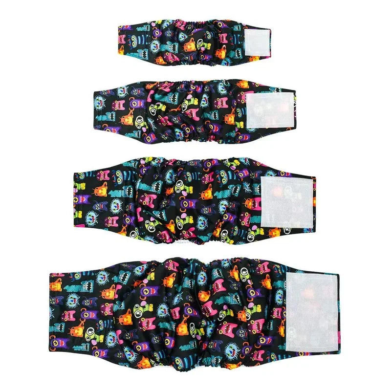 A set of black and multi-colored washable belly straps for male dogs.