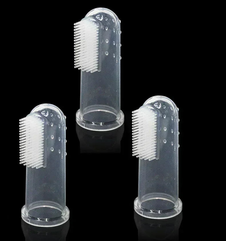 A clear silicone finger toothbrush for dogs with bristles and a base, shown in multiple views.