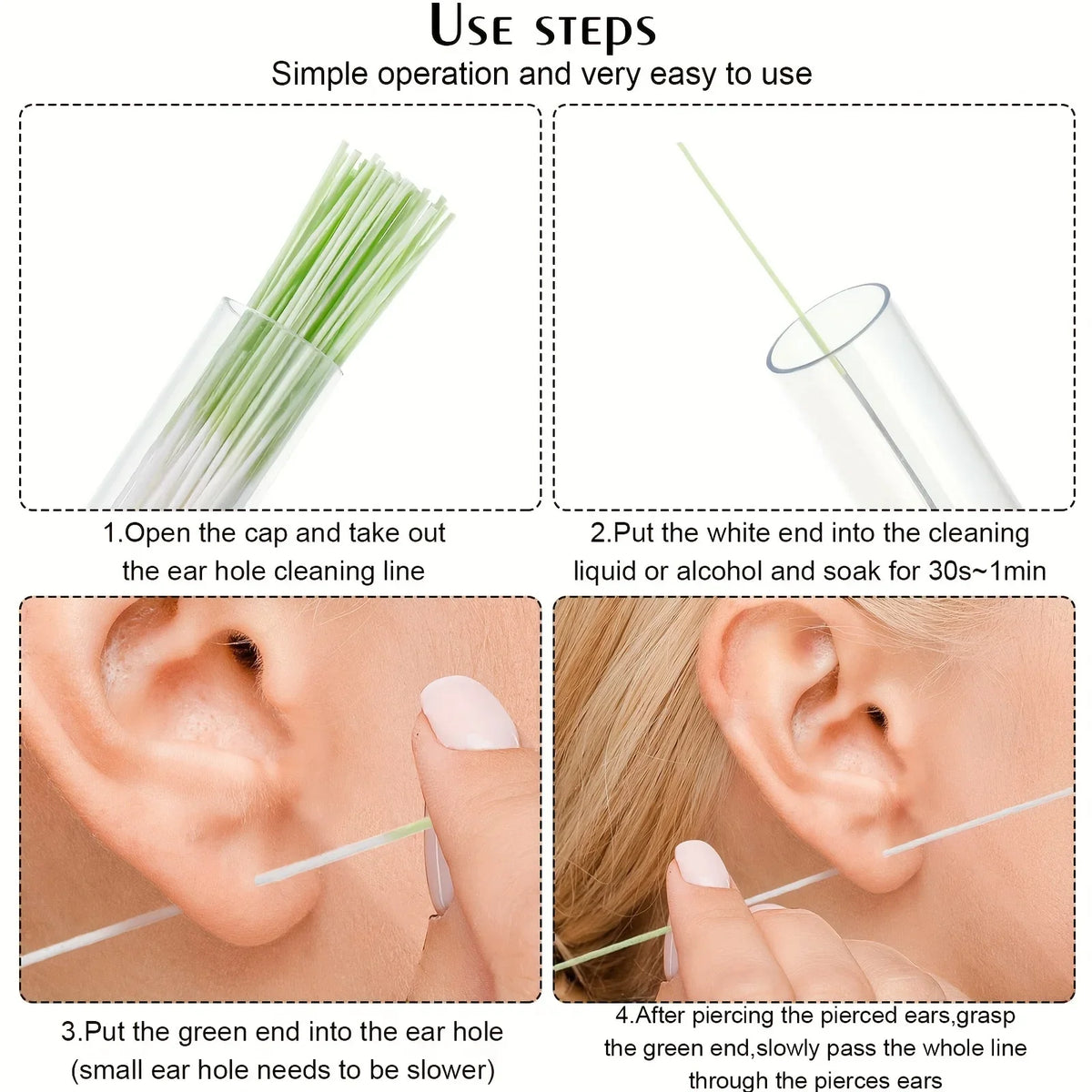 Instructions for using disposable ear cleaning tools, showing steps to insert the green and white ends into the ear hole.