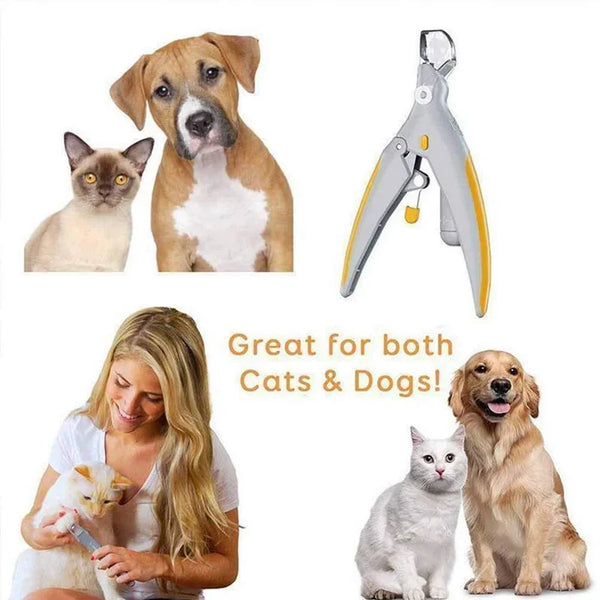 LED pet nail clipper with light tool shown next to a dog and cat.