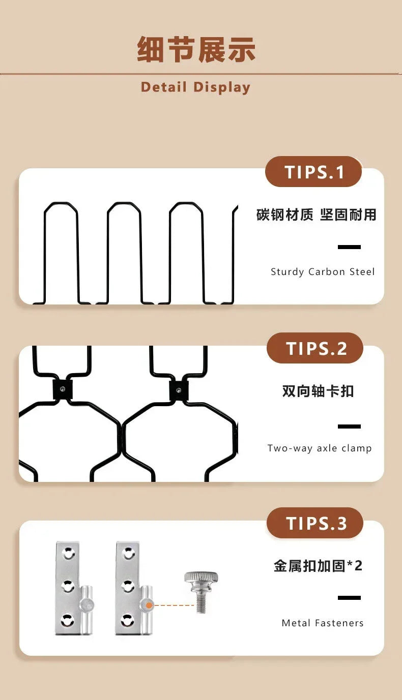 Detail display showing tips for sturdy carbon steel, two-way axle clamp, and metal fasteners on a pet safety gate.