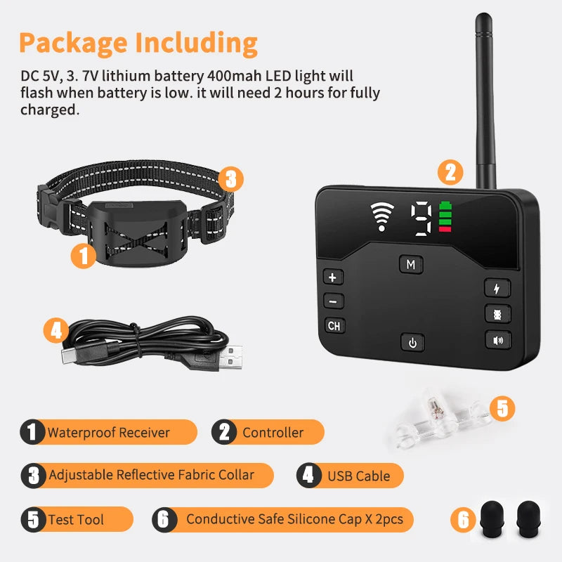A package listing various components for a dual function dog training collar including a battery, controller, fabric collar, 