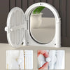 A white durable pet cat and dog door with an arched frame and a reflective mirror surface.
