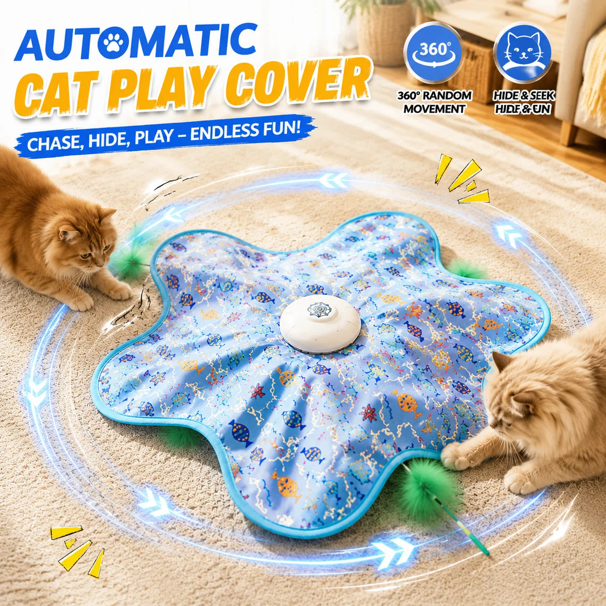 A blue cat play cover toy is shown with a cat interacting with it on a light carpet.