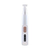 A white rechargeable USB pet paw trimmer for cats and dogs with a tapered body and a button.