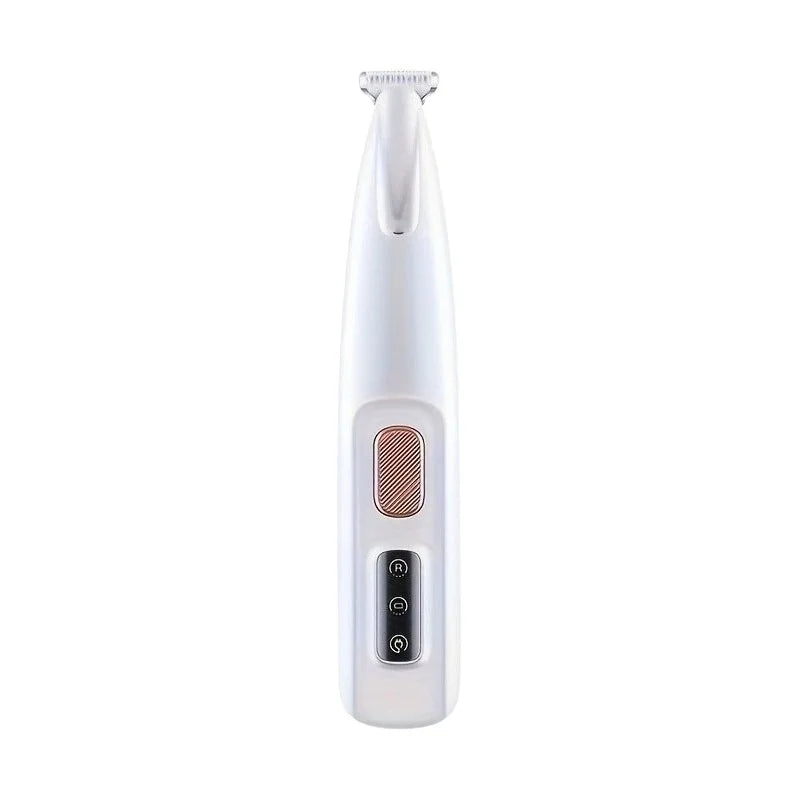 A white rechargeable USB pet paw trimmer for cats and dogs with a tapered body and a button.