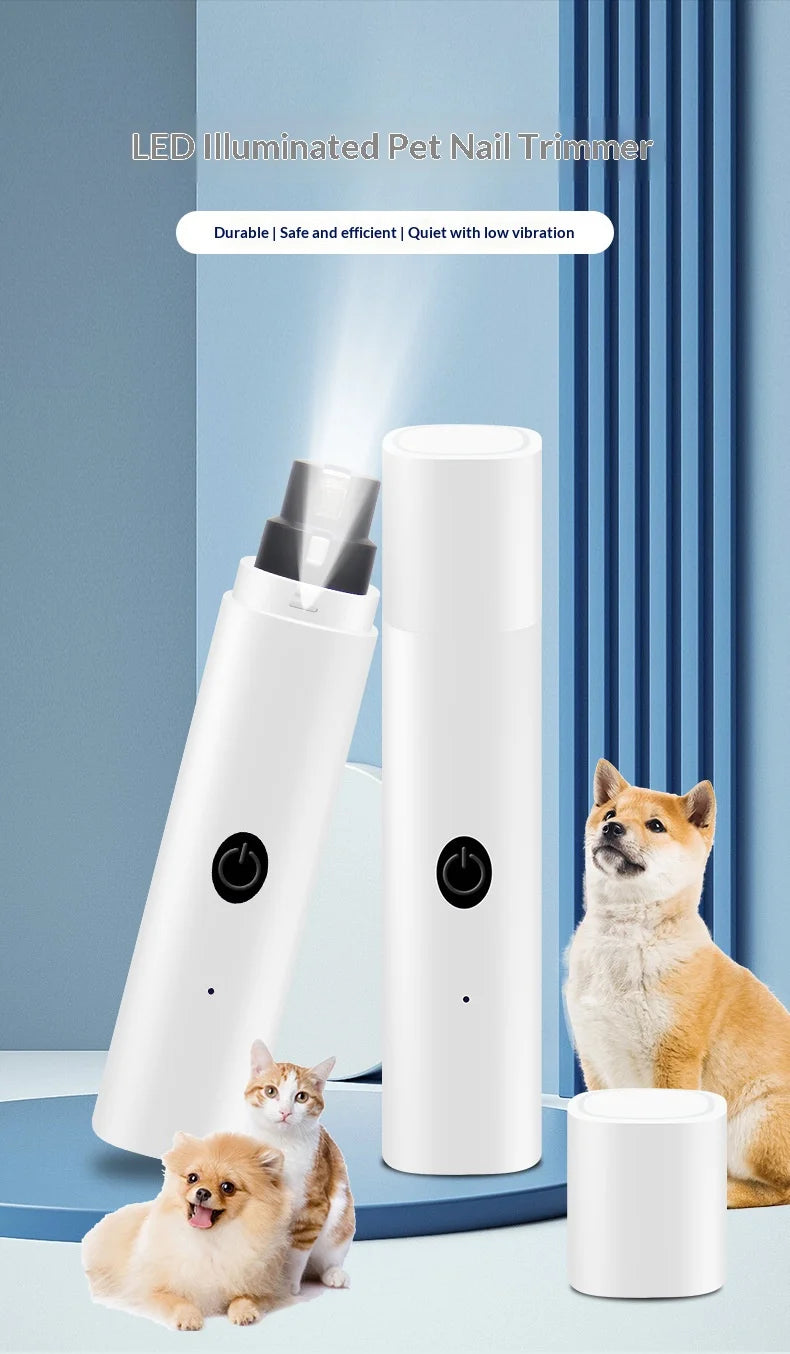 A white LED illuminated pet nail trimmer is shown next to a dog and a cat.