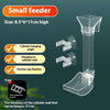 A transparent acrylic small feeder designed to hang on a cylinder wall with a suction cup for fish food dispensing.