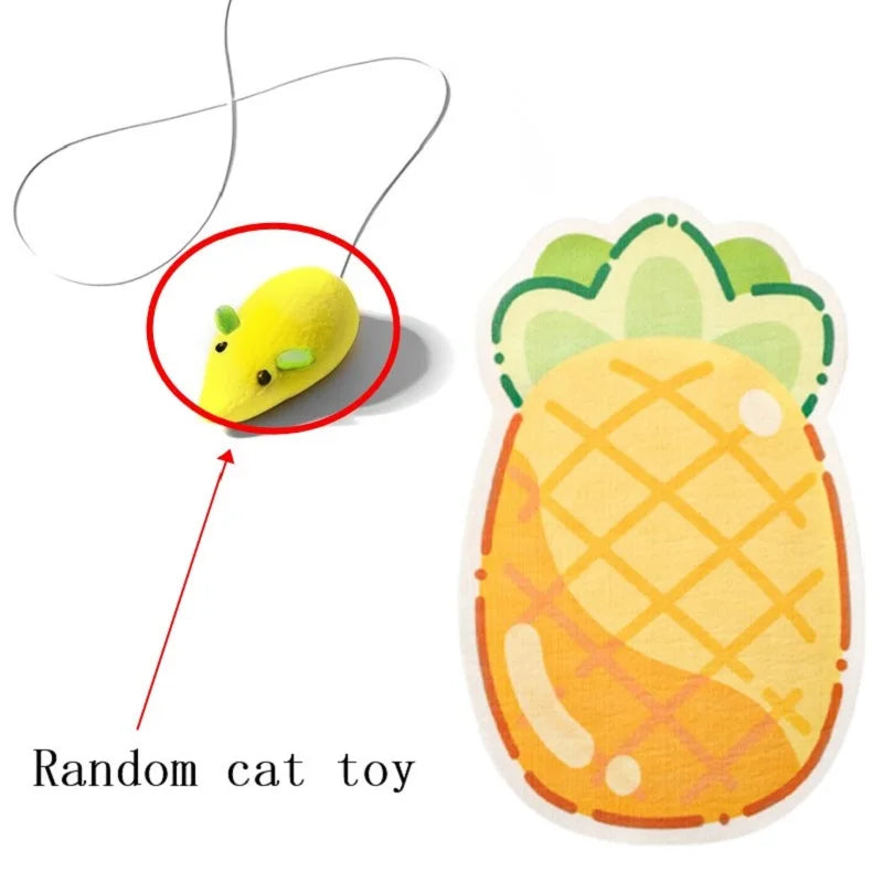 A yellow cat toy is shown being attached to a wall-mounted cat scratcher.