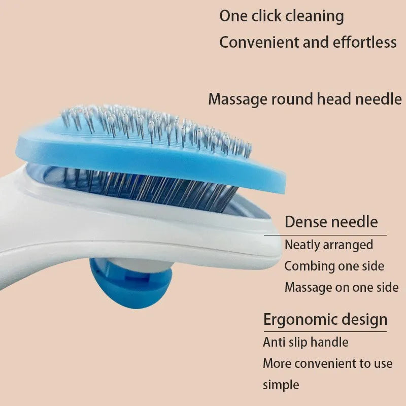 A white and blue pet hair removal brush with a round head needle and ergonomic design for convenient cleaning.