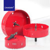 A red bi-metal hole saw is shown, featuring a large circular cutting disc and a separate mounting piece.