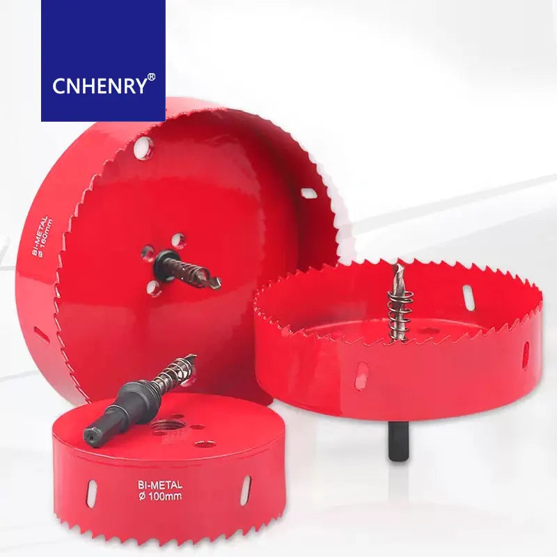 A red bi-metal hole saw is shown, featuring a large circular cutting disc and a separate mounting piece.
