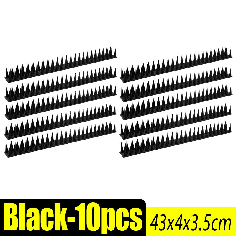 Black bird and pest repellent spikes in 10 pieces, measuring 43x4x3.5 cm.