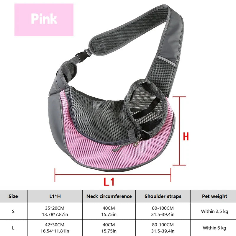 Pink breathable dog sling carrier for small pets shown with size options and weight details
