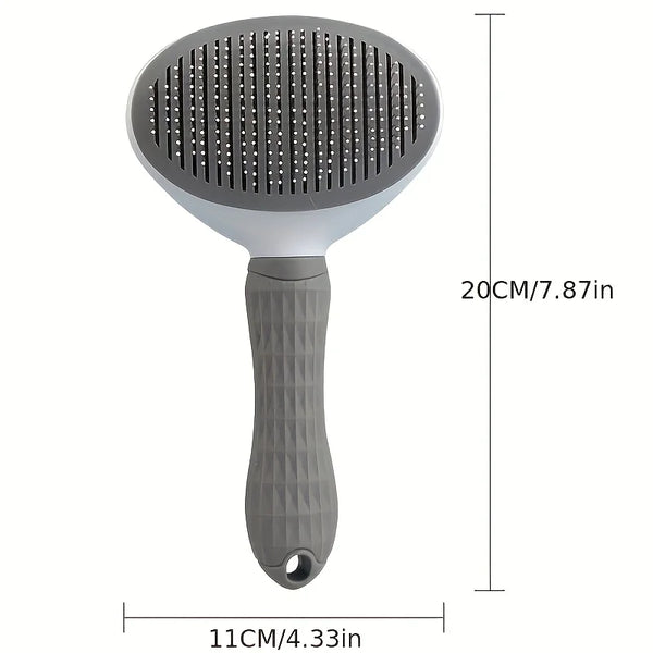 A gray pet grooming comb with a perforated head and a textured handle, shown with dimensions.
