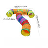 A colorful, flexible play tunnel for cats, shown horizontally and vertically with dimensions.