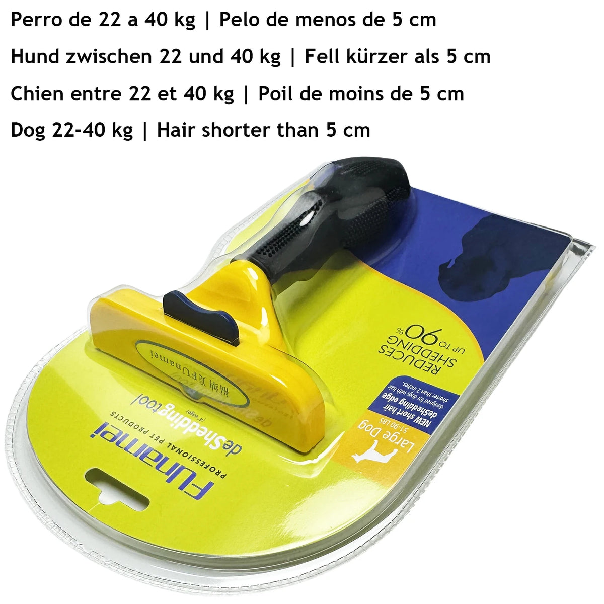 Yellow pet deshedding brush for dogs and cats with a black handle and clear plastic base