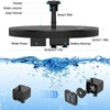 A solar-powered water fountain assembly showing the top unit with a nozzle, water column, solar panel, and battery backup, al