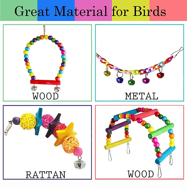 A collection of bird toys including a wooden hoop, metal charms, and rattan toys.
