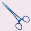 A pair of professional stainless steel forceps with blue handles and fine tips.