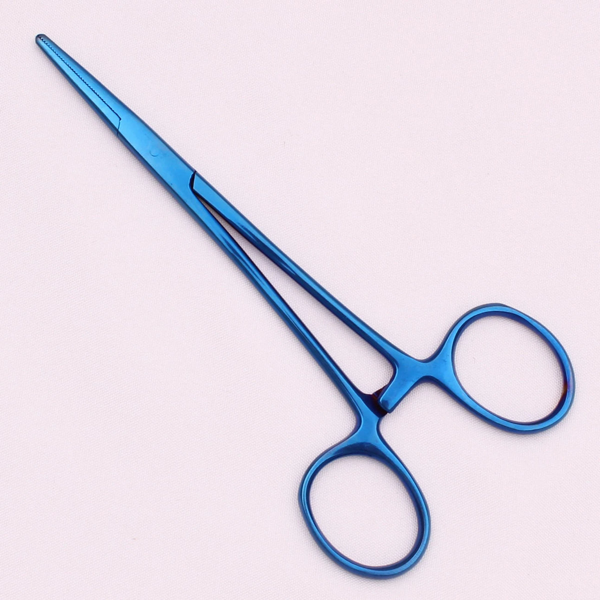 A pair of professional stainless steel forceps with blue handles and fine tips.
