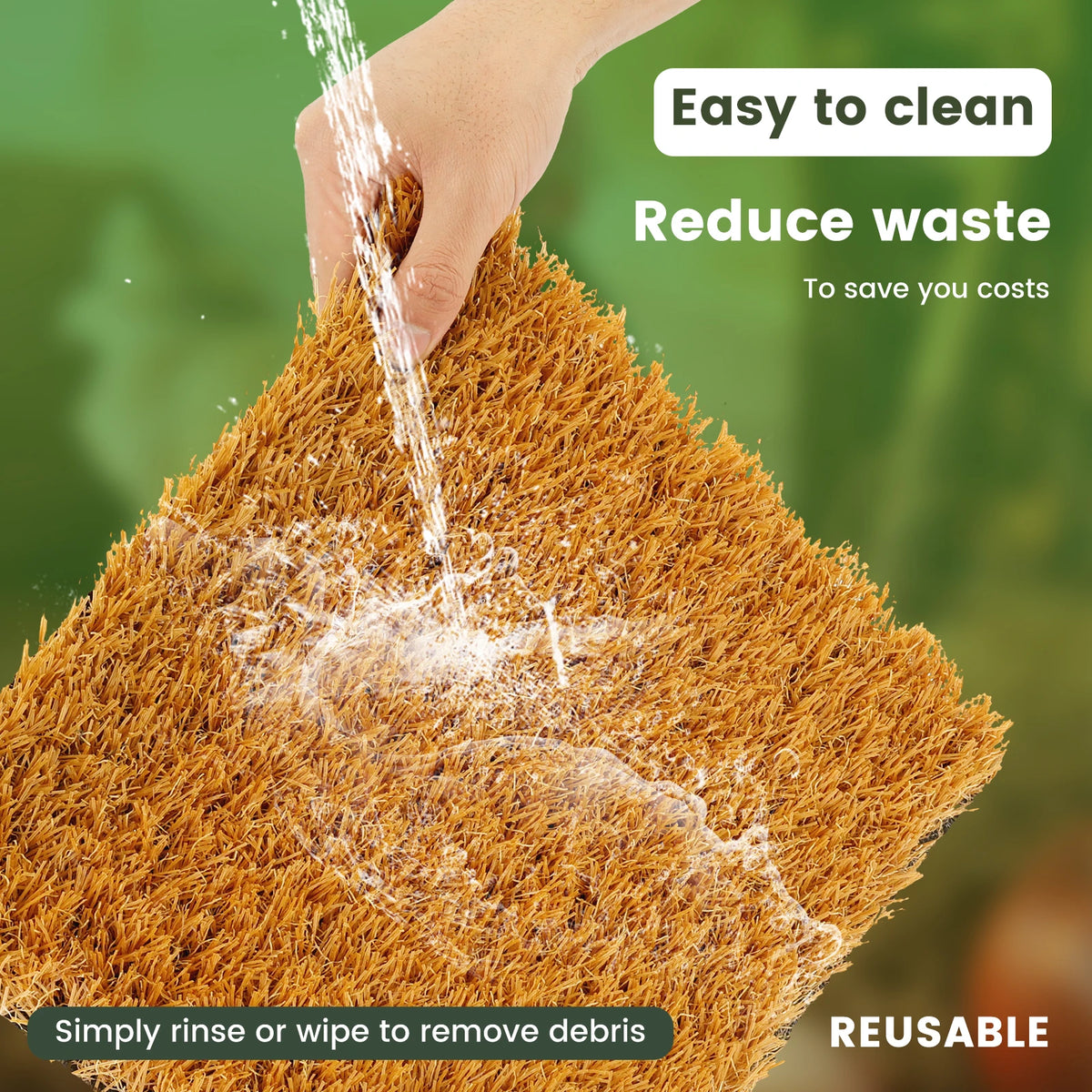A hand is spraying water onto a pile of golden straw or hay, demonstrating how to easily clean and reduce waste.