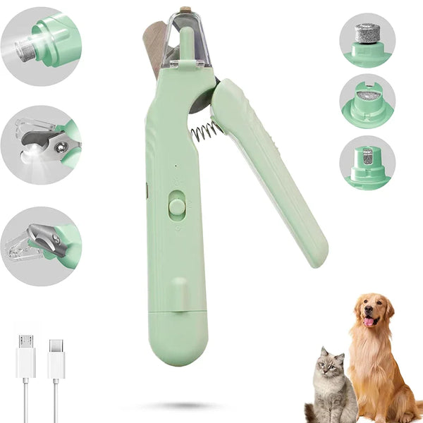 A light green 2-in-1 pet nail clippers and grinder tool with various attachments shown.