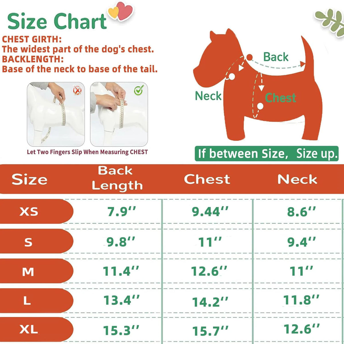 Size chart showing measurements for different sizes of a pet tank top for cats and small dogs