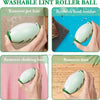 A light green lint roller ball is shown being used to remove pet hair, food residue, clothing hair, and dust.