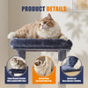 A fluffy orange cat is resting on a gray cushion part of a multi-level cat tree with scratching posts and a reinforced base.