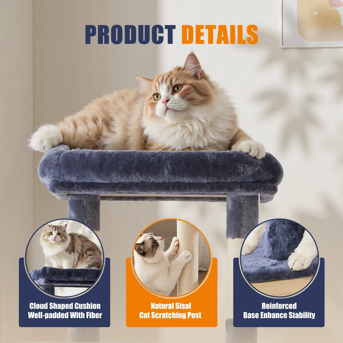 A fluffy orange cat is resting on a gray cushion part of a multi-level cat tree with scratching posts and a reinforced base.