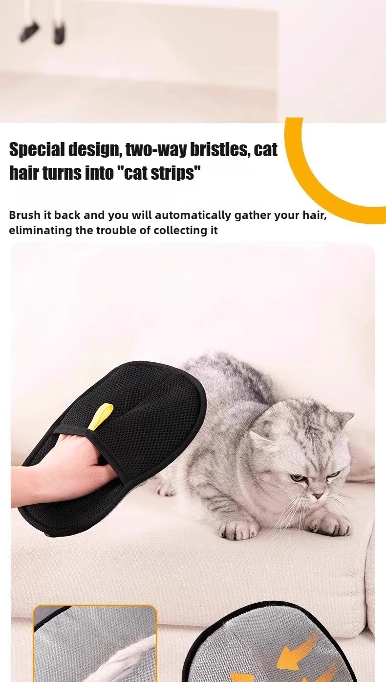 A hand is using a black reusable pet grooming glove on a cat.