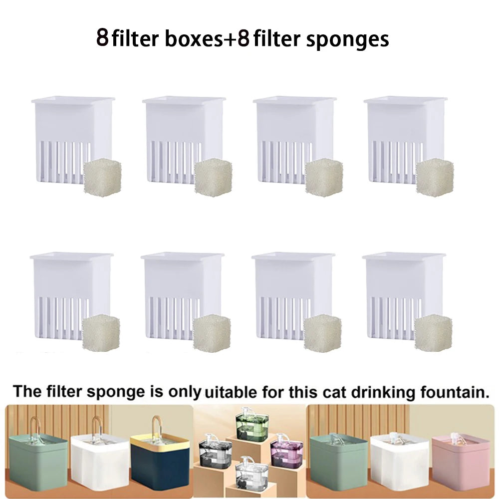 Eight filter boxes and eight filter sponges for a cat drinking fountain