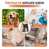 Diagram showing the uses of an anti-lick sleeve for various dog injuries including wounds, arthritis protection, foreleg inju