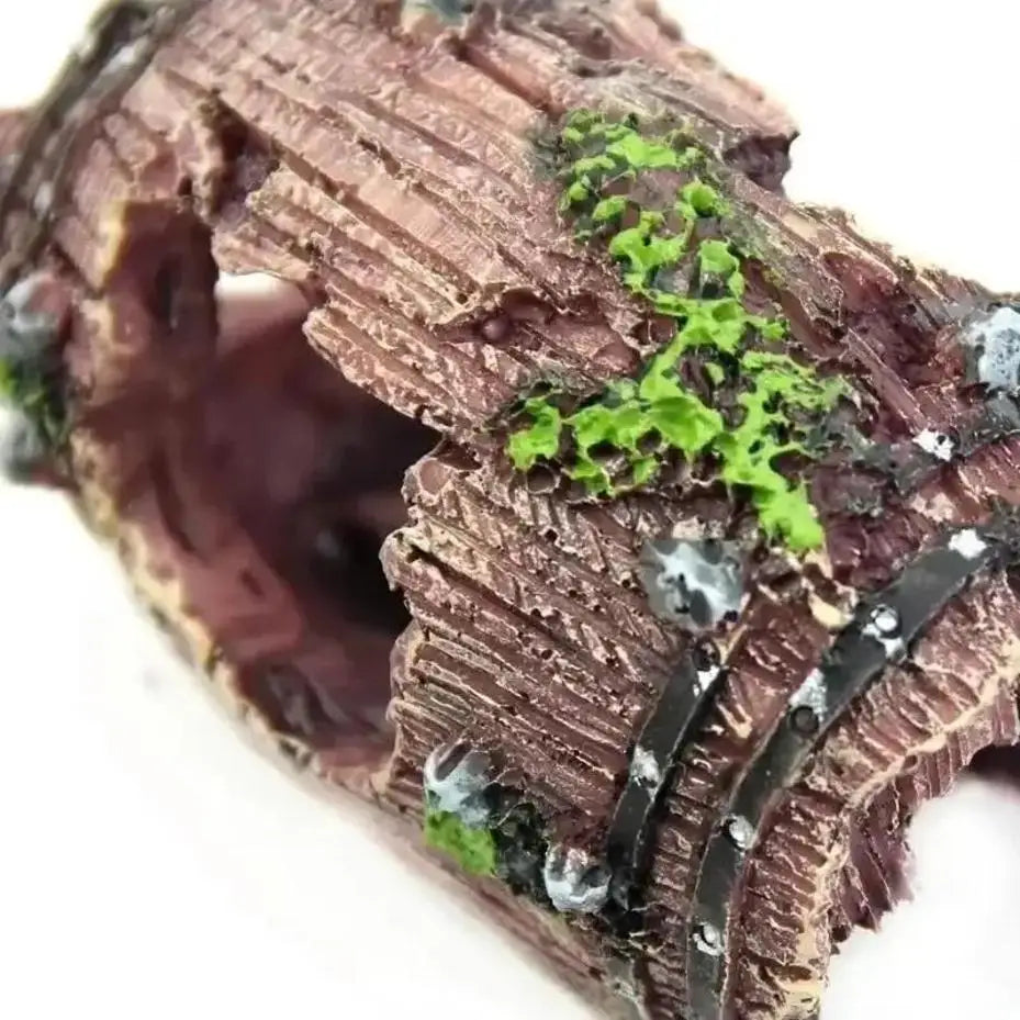 Resin broken barrel fish tank decoration featuring moss growth