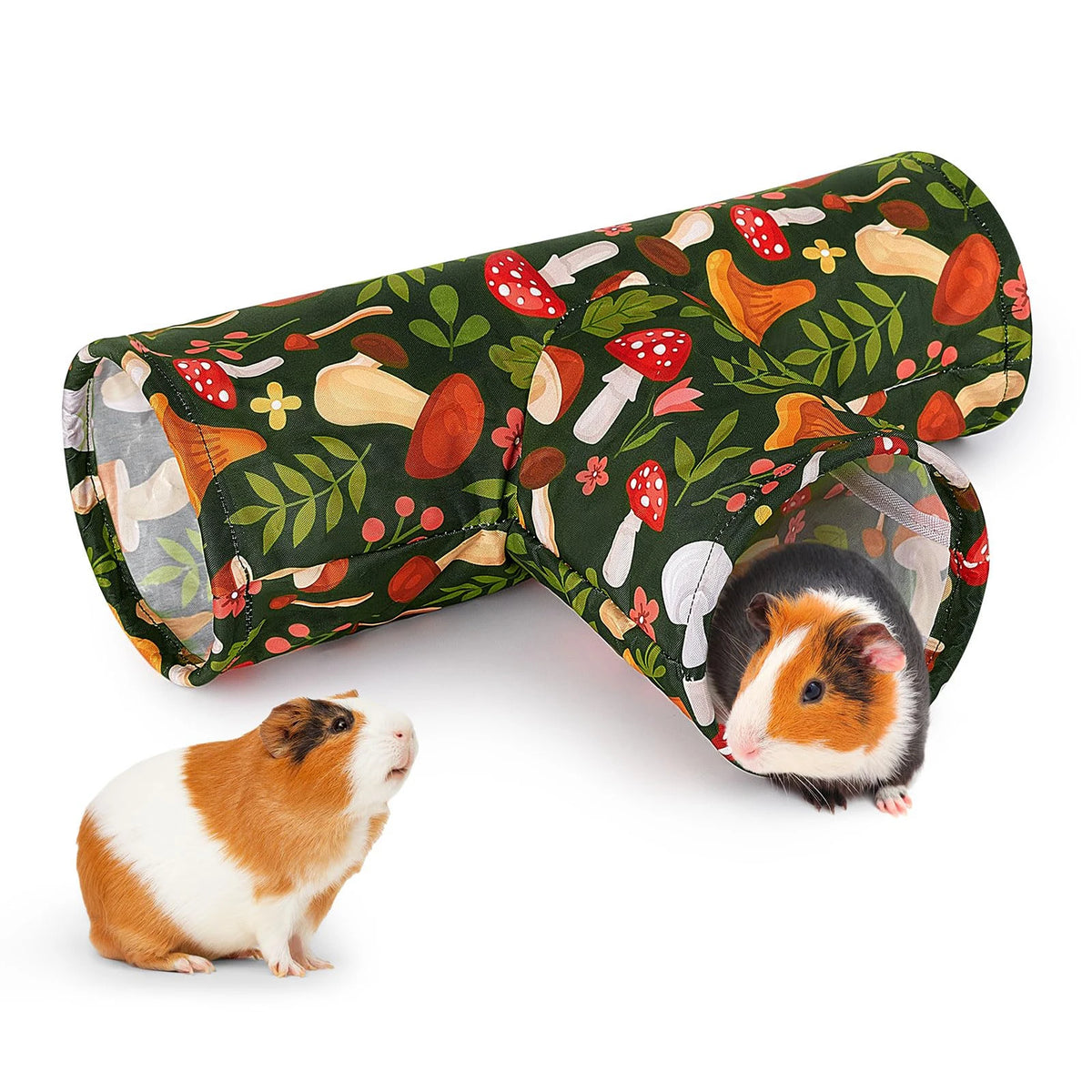 A pet tunnel made of fabric with a woodland pattern is shown next to a guinea pig.