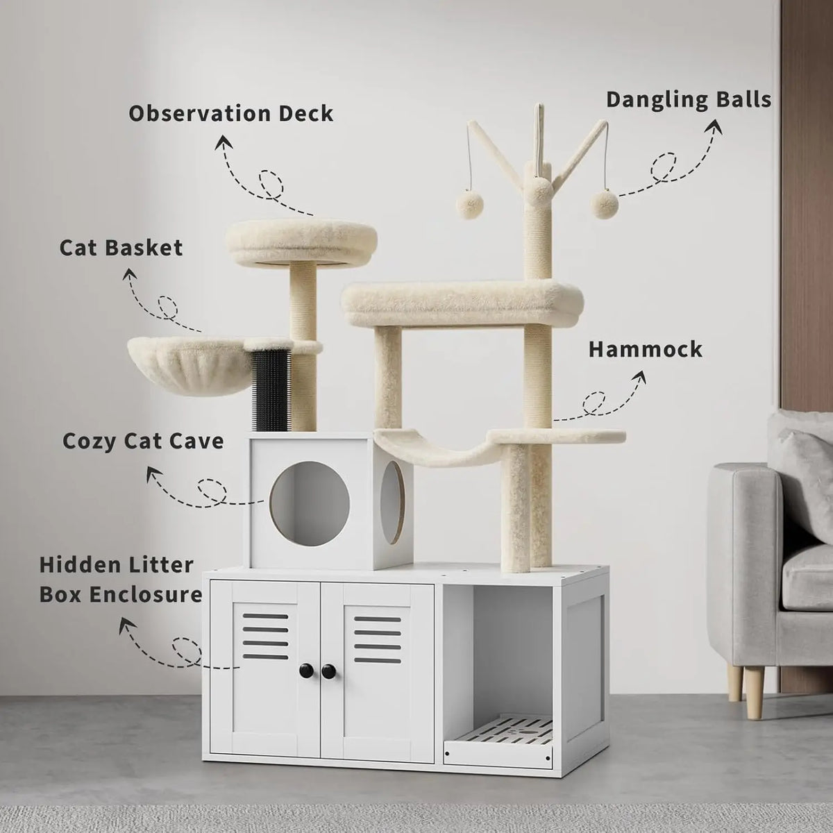 A white 2-in-1 large cat enclosure featuring an observation deck, cat basket, hammock, and hidden litter box enclosure.