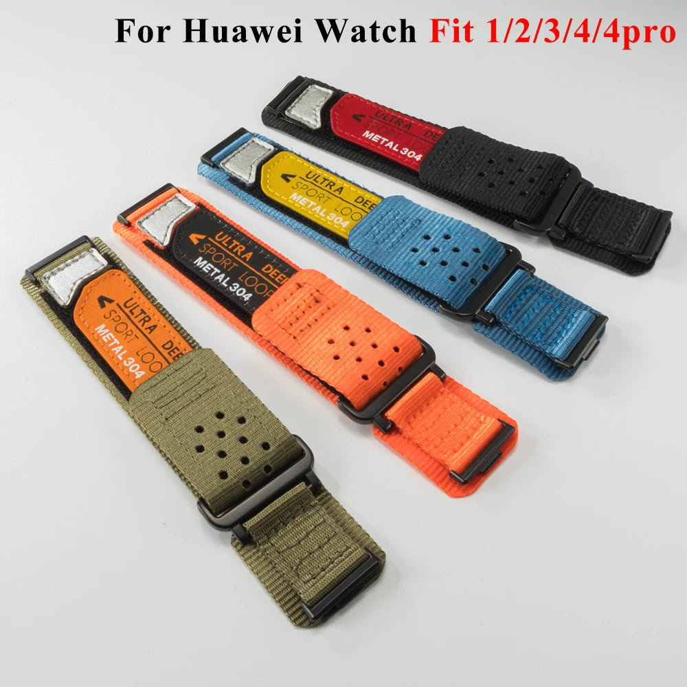 Multiple breathable nylon sport bands for Huawei Watch Fit series in black, red, yellow, and blue colors
